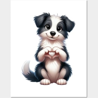 Valentine Border Collie Dog Giving Heart Hand Sign Posters and Art